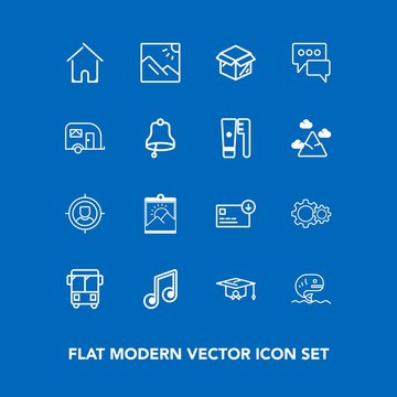 Modern, simple vector icon set on blue background with building, action, target, finance, house, note, sack, graduation, business, bag, landscape, fish, education, architecture, university, sea icons