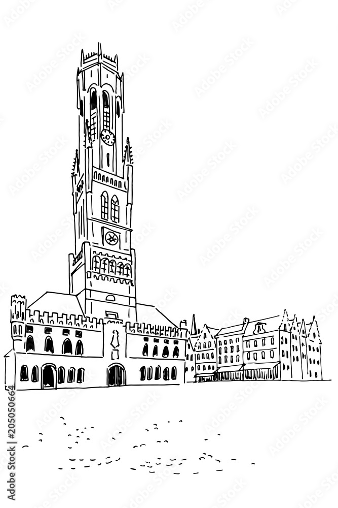 Sticker vector sketch of belfort van brugge - famouse 12th-century belfry belfort of bruges and grote markt 