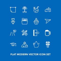Modern, simple vector icon set on blue background with road, mug, business, transport, satellite, sea, beacon, travel, traffic, space, glass, paper, university, umbrella, exit, building, sun icons