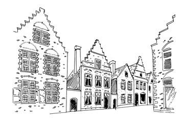 Obraz premium Vector sketch of Traditional architecture in the town of Bruges (Brugge), Belgium