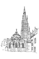 Vector sketch of Church of Our Lady, Onze Lieve Vrouw Brugge, Belgium.