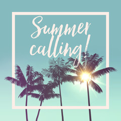 Naklejka premium Summer message tropical palm tree silhouette against bright sunlight with white frame border.