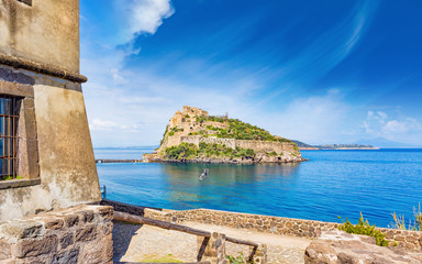 Aragonese Castle is most visited landmark near Ischia island, Italy - obrazy, fototapety, plakaty