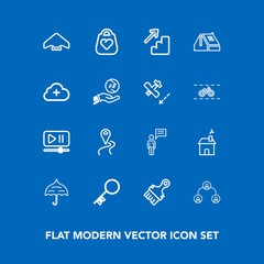 Modern, simple vector icon set on blue background with roof, location, open, down, business, building, rain, communication, leather, sky, security, object, parachute, people, white, up, door,  icons