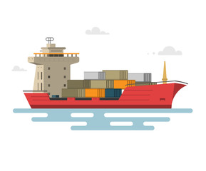 Vector illustration of flat ship container in the ocean transportation.