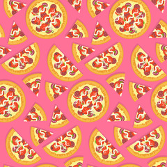 Bright seamless pattern with flat tasty italian pizza on pink background. Nice fast food texture for textile, wallpaper, wrapping paper, banner, bar and cafe menu design