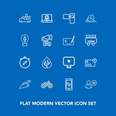 Modern, simple vector icon set on blue background with cycle, tree, business, movie, communication, app, finance, landscape, wheel, north, phone, shipping, south, money, computer, tripod, call icons