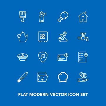 Modern, simple vector icon set on blue background with hat, rubbish, uniform, meal, paintbrush, music, checklist, chef, ocean, pen, stationery, investment, job, snack, sailor, white, guitar, cap icons