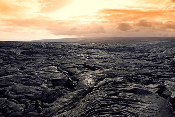 Endless lava fields of the Big Isalnd of Hawaii. Smooth, undulating surface of frozen pahoehoe lava.