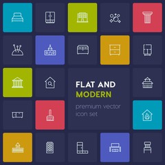 Modern Simple Set of buildings, furniture, housekeeping Vector outline Icons. Contains such Icons as  seat, building,  column, architecture and more on dark background. Fully Editable. Pixel Perfect