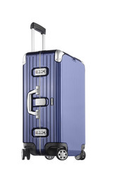 Blue suitcase isolated on white background. Polycarbonate suitcase isolated on white