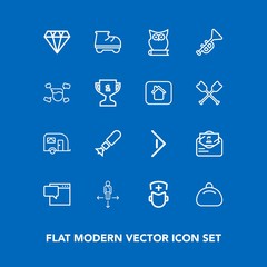 Modern, simple vector icon set on blue background with bird, owl, button, message, nuclear, travel, speech, fashion, hospital, sign, surgeon, road, leather, bubble, white, doctor, style, bomb icons