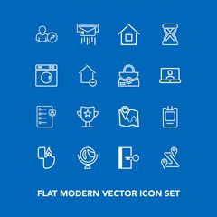 Modern, simple vector icon set on blue background with business, pin, escape, reward, global, message, sign, account, door, document, win, letter, post, house, object, sand, success, human, time icons