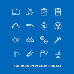 Modern, simple vector icon set on blue background with wizard, package, kitchen, sign, construction, finance, document, box, magician, money, frame, estate, currency, photo, paper, saw, cloud icons