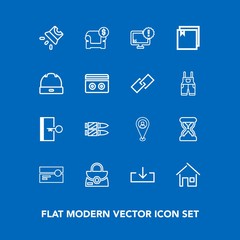 Modern, simple vector icon set on blue background with movie, modern, cassette, tape, pin, audio, projection, bag, location, exit, desktop, horizontal, leather, clock, door, house, download, gun icons