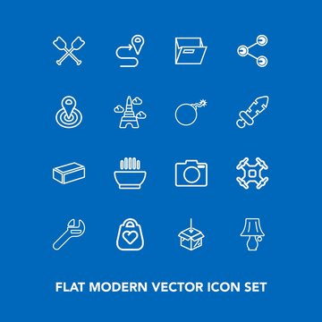 Modern, simple vector icon set on blue background with paper, location, control, web, dinner, tool, aerial, equipment, light, folder, photo, boat, style, material, water, wrench, construction icons
