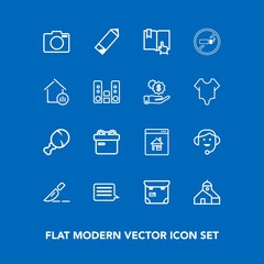 Modern, simple vector icon set on blue background with operation, call, estate, business, food, open, meal, pretty, box, medical, phone, lens, clinic, chicken, snack, sign, real, surgery, people icons