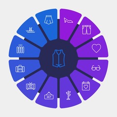 hotel, clothes, valentine Infographic Circle outline Icons Set. Contains such Icons as  elegant, vest,  fashion,  summer,  high,  shop,  heart,  modern,  casual and more. Fully Editable. Pixel Perfect