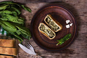 Pie or strudel with spinach and feta cheese