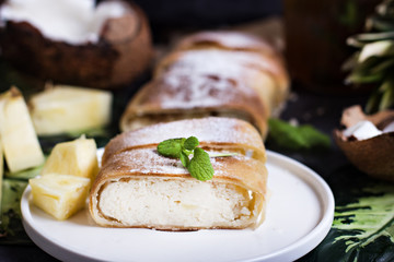 Pie, strudel, cake with cheese and exotic fruits