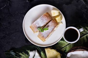 Pie, strudel, cake with cheese and exotic fruits