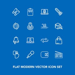 Modern, simple vector icon set on blue background with record, retail, radio, bell, money, explosion, wallet, pretty, audio, sound, finance, video, fashion, vision, communication, search, danger icons