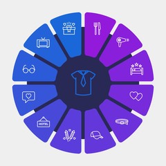 hotel, clothes, valentine Infographic Circle outline Icons Set. Contains such Icons as sunglasses,  display,  template,  baseball,  round,  knife,  day, love and more. Fully Editable. Pixel Perfect