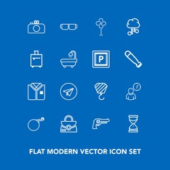 Modern, simple vector icon set on blue background with camera, hour, message, falling, photography, sun, shirt, sunglasses, sand, white, weapon, clock, bomb, air, bag, war, network, time, web icons