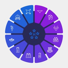 hotel, clothes, valentine Infographic Circle outline Icons Set. Contains such Icons as romantic, heart,  door,  nature,  motel,  heart,  lock,  summer,  luxury and more. Fully Editable. Pixel Perfect