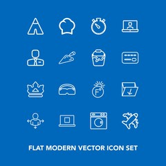 Modern, simple vector icon set on blue background with road, trash, technology, internet, web, chef, flight, fahrenheit, timer, plane, crown, machine, thermometer, box, adventure, profile, sign icons