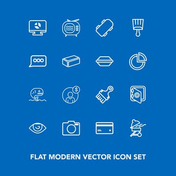 Modern, simple vector icon set on blue background with skater, banking, camera, television, photo, money, meat, fish, skateboard, finance, safety, chart, bank, card, board, accounting, extreme icons