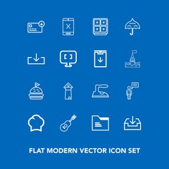 Modern, simple vector icon set on blue background with money, coaxial, bread, finance, bank, business, europe, ironing, concert, lunch, tower, download, sack, housework, cook, landmark, uniform icons