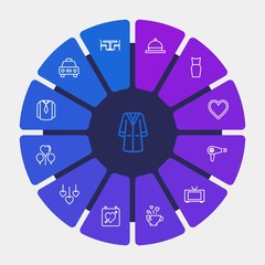 hotel, clothes, valentine Infographic Circle outline Icons Set. Contains such Icons as  salad,  background,  beauty,  royal,  valentine,  restaurant,  interior and more. Fully Editable. Pixel Perfect