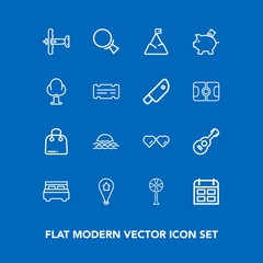 Modern, simple vector icon set on blue background with fashion, timetable, sun, ventilator, bed, aircraft, morning, airplane, fan, map, electric, music, find, mountain, sky, war, blue, bedroom icons