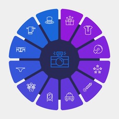 hotel, clothes, valentine Infographic Circle outline Icons Set. Contains such Icons as  record,  interior,  towel, holiday,  modern, hat, photographer,  heart and more. Fully Editable. Pixel Perfect