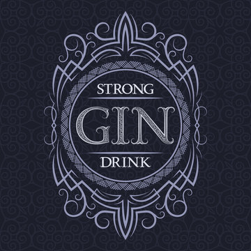 Gin strong drink label design template. Patterned vintage frame with text on pattern background.