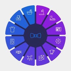 hotel, clothes, valentine Infographic Circle outline Icons Set. Contains such Icons as bath,  footwear, invitation,  fashion,  modern,  card,  background,  shoe and more. Fully Editable. Pixel Perfect