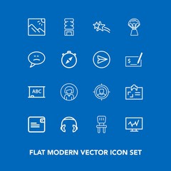 Modern, simple vector icon set on blue background with target, lady, sound, board, marketing, personal, diagnostic, black, photography, blackboard, drink, equipment, concept, face, cooler, music icons
