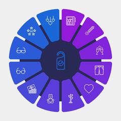 hotel, clothes, valentine Infographic Circle outline Icons Set. Contains such Icons as fashion,  dessert, clean,  animal,  service,  festival,  door, luxury and more. Fully Editable. Pixel Perfect