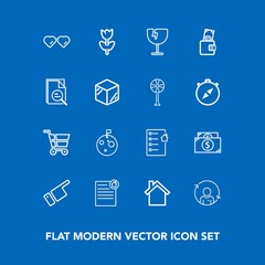 Modern, simple vector icon set on blue background with shattered, cell, mobile, person, contract, currency, fashion, finance, flower, technology, document, blossom, crash, sun, direction, spring icons