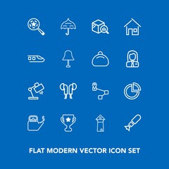 Modern, simple vector icon set on blue background with umbrella, weapon, award, steam, tower, famous, bomb, landmark, europe, sound, magnifying, place, achievement, winner, trend, architecture icons
