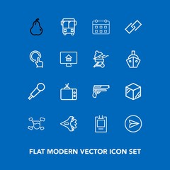 Modern, simple vector icon set on blue background with transportation, web, email, jetliner, karaoke, handgun, badge, video, technology, food, aircraft, organic, screen, calendar, speed, audio icons
