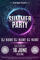 Flyer for the Summer Party. Abstract neon round banner with flying luminous geometric particles. Dance night party. Triangles. Plexus style. The names of the club and DJ. Vector illustration - obrazy, fototapety, plakaty