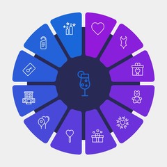hotel, clothes, valentine Infographic Circle outline Icons Set. Contains such Icons as  cute,  heart, toy,  bar,  building,  box,  animal,  decoration,  sign and more. Fully Editable. Pixel Perfect