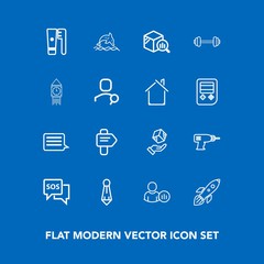 Modern, simple vector icon set on blue background with dolphin, message, wildlife, drill, science, work, report, fashion, clean, male, business, launch, danger, tie, animal, rocket, way, trend icons