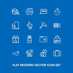 Modern, simple vector icon set on blue background with late, speech, leather, television, white, style, business, night, technology, mushroom, usb, paper, music, video, message, travel, luggage icons