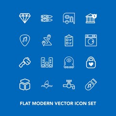 Modern, simple vector icon set on blue background with military, van, weapon, horizontal, diamond, music, hammer, construction, surf, cube, bathroom, water, transport, sink, tool, gun, square icons