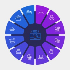 hotel, clothes, valentine Infographic Circle outline Icons Set. Contains such Icons as  camera,  present,  fashion, bed,  white,  clothing, ring,  holiday, gift and more. Fully Editable. Pixel Perfect