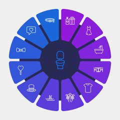 hotel, clothes, valentine Infographic Circle outline Icons Set. Contains such Icons as  sanitary,  background,  hygiene, love,  technology,  washroom,  young and more. Fully Editable. Pixel Perfect
