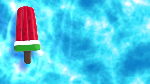top view scene of 3d rendering water melon popsicles pool floats, are floating from left to right on pools water background.